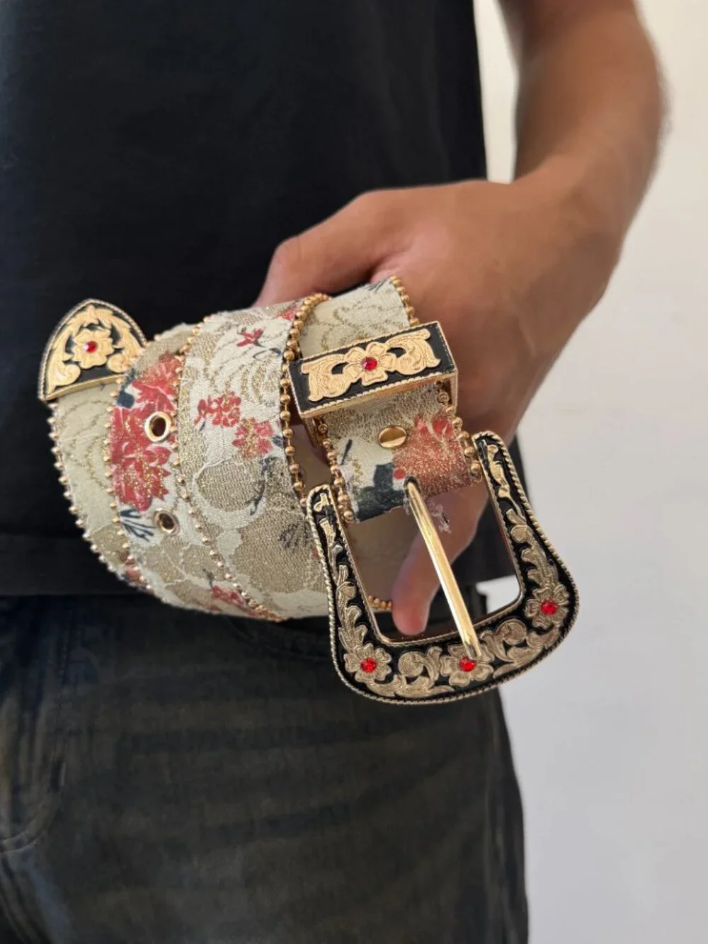 Cream Floral Jacquard Ornate Western Buckle Belt
